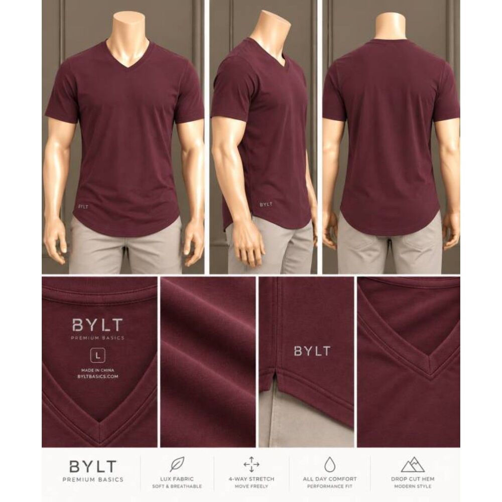 BYLT Basics Men's Large Maroon V-Neck Drop Cut Tee Premium Basics